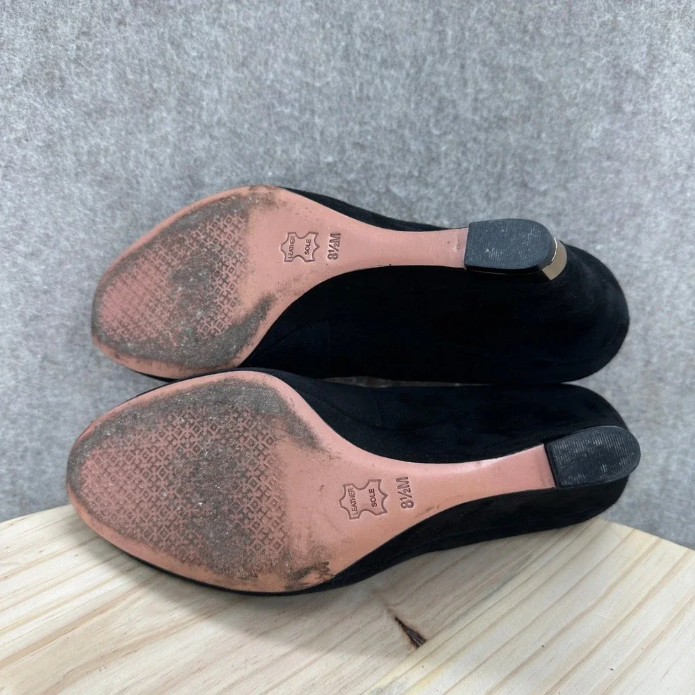 Tory Burch Astoria Wedge Pumps Womens 8.5 Black Suede Gold Logo Heels